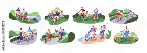 People travel by bike set. Friend have fun, ride bicycle at nature together. Happy family, kids cycling outdoors. Bicyclists drive in park. Flat isolated vector illustrations on white background
