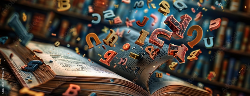 Fototapeta premium Open Book with Flying Letters