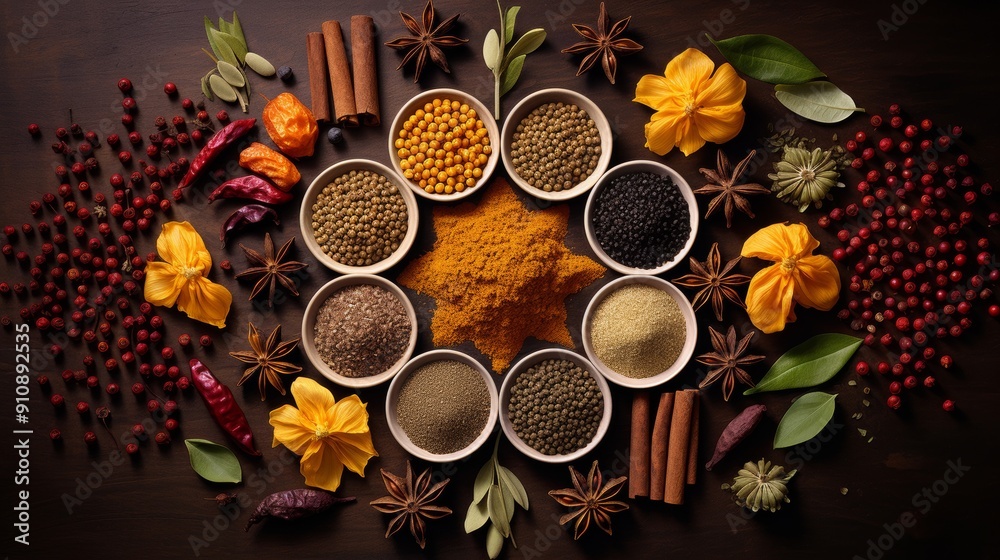 Spices arranged in geometric pattern for artistic display Spices arranged in geometric pattern for artistic display