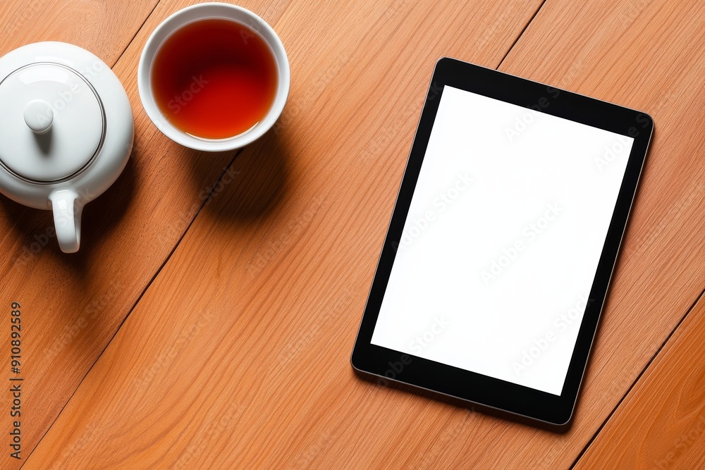 A blank tablet with a white screen laying on the table, next to it is an empty cup of tea and teapot. A blank tablet with a white screen laying on the table, next to it is an empty cup of tea and teapot.
