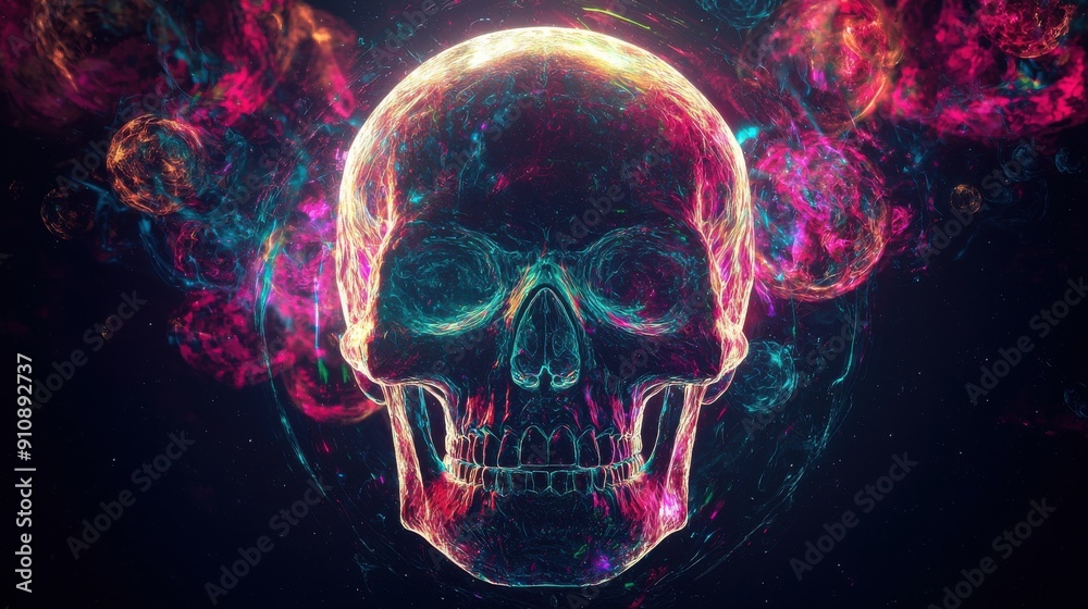 A skull with holographic abstract 3D shapes creating a halo effect around it, the shapes pulsating with light and color, giving a celestial and futuristic vibe, set against a black background A skull with holographic abstract 3D shapes creating a halo effect around it, the shapes pulsating with light and color, giving a celestial and futuristic vibe, set against a black background