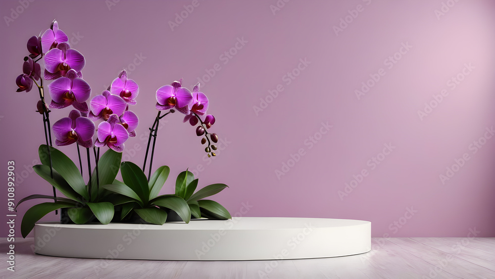 White podium with purple orchids on the floor. White podium with purple orchids on the floor.