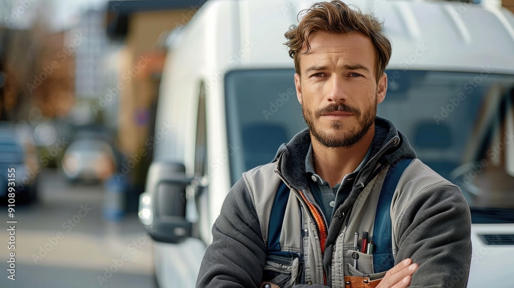 Locksmith with a white work van behind him, light background, natural light. Generative AI.