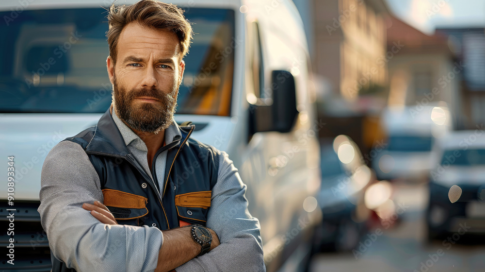 Fototapeta premium Locksmith with a white work van behind him, light background, natural light. Generative AI.