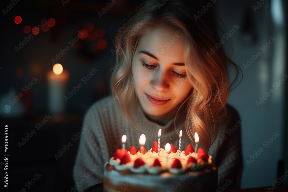 A woman looking at a birthday cake. A woman looking at a birthday cake.