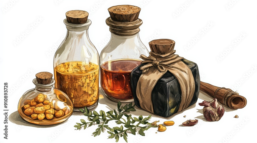 A collection of assorted herbal oils in glass bottles, showcasing natural ingredients and authentic rustic charm. A collection of assorted herbal oils in glass bottles, showcasing natural ingredients and authentic rustic charm.