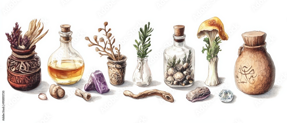 A collection of herbal ingredients in jars and bottles, showcasing nature's beauty and the art of potion-making.