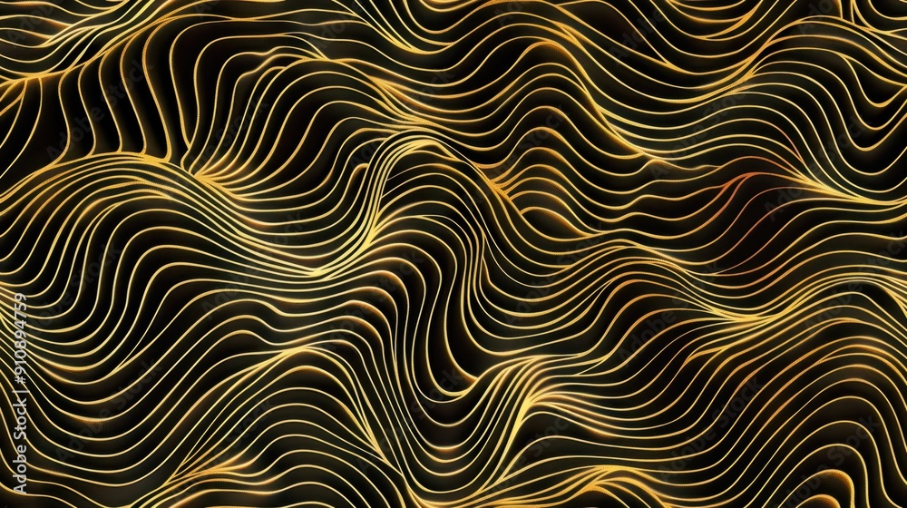 Seamless pattern of golden wavy lines on a black background. Ideal for luxurious and elegant design projects and textiles.