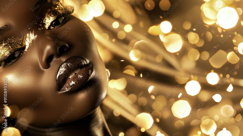 Beautiful black woman with glitter makeup and golden bokeh background, radiating elegance and glamour.