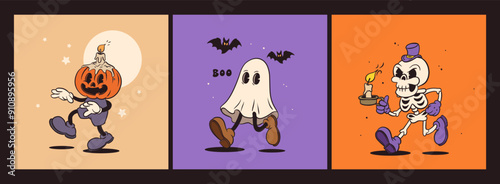Retro groovy Halloween mascot set. Isolated cartoon vector funny characters, jack o lantern, ghost and skeleton with a candle, with spooky and funny expression during party night celebration
