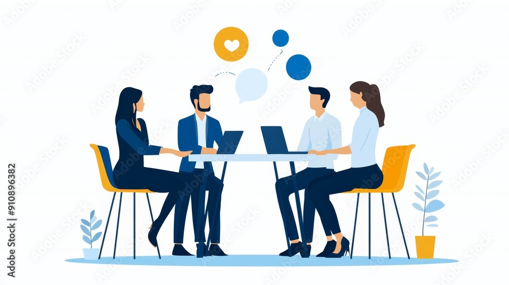 A vibrant business meeting with diverse professionals collaborating, utilizing technology and discussing ideas creatively. A vibrant business meeting with diverse professionals collaborating, utilizing technology and discussing ideas creatively.