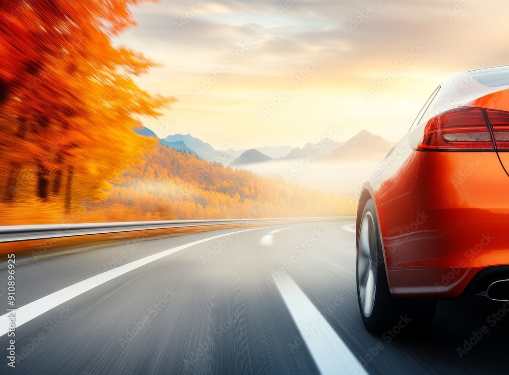 Fototapeta premium A car driving on the highway in autumn, autumn colors