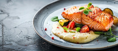 Wallpaper Mural Salmon with a side of vegetables creatively plated on a dish with copy space image Torontodigital.ca