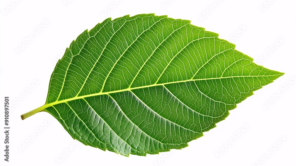 a single green leaf with intricate veins and texture, isolated on a white background for botanical illustration. a single green leaf with intricate veins and texture, isolated on a white background for botanical illustration.