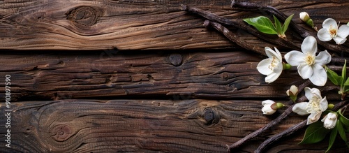 Wooden background with vanilla sticks and flowers for a flat lay composition with room for text in a copy space image