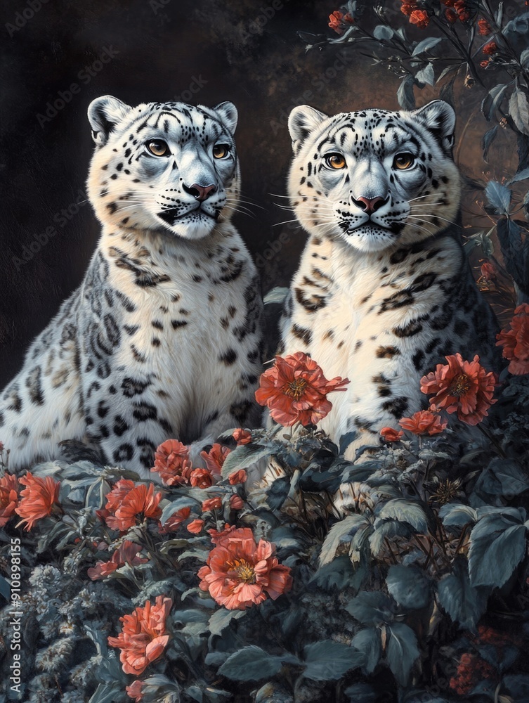 Fototapeta premium Snow leopards in floral meadow
