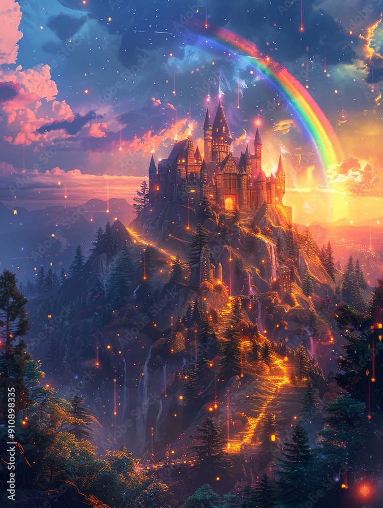 Obraz premium A magical castle sits atop a mountain, bathed in the glow of a sunset and a rainbow. The scene is filled with wonder and enchantment.