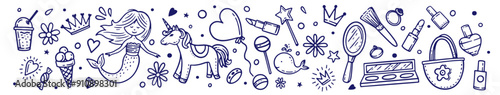 Large set of toys for girls in linear style. Mermaid, ice cream, mirror, lipstick, unicorn, crown, balloon, nail polish, eye shadow, whale, bag, candy, ring on a white background.