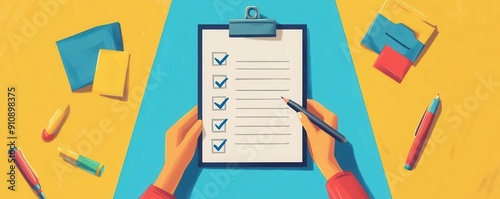 A colorful illustration of a checklist with completed tasks, surrounded by stationery items, symbolizing productivity and organization.