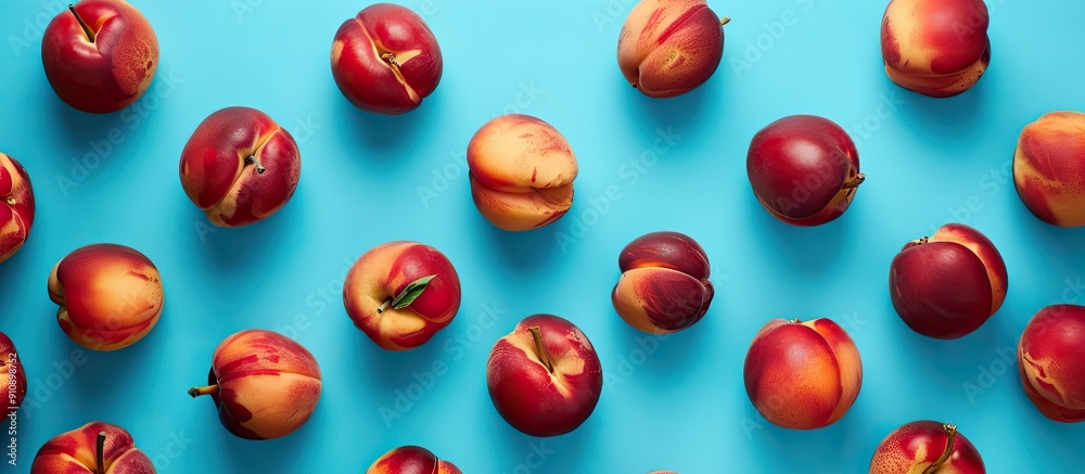 Fresh nectarines arranged in a flat lay on a blue backdrop shot from above with an area for adding text or images. Creative banner. Copyspace image Fresh nectarines arranged in a flat lay on a blue backdrop shot from above with an area for adding text or images. Creative banner. Copyspace image