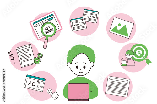 男性とブログ作業アイコンのセット