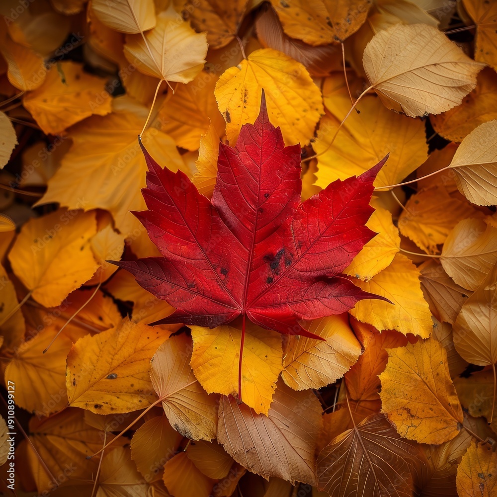A single red maple leaf stands out against a bed of yellow and orange fallen leaves. A single red maple leaf stands out against a bed of yellow and orange fallen leaves.