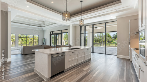 Modern kitchen design in Florida features architectural design, development, kitchen, counter, and wooden floor. Interior design photos show the kitchen and counter.