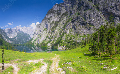 Mountain valley with tracks near Obersee lake in Berchtesgaden National Park photo