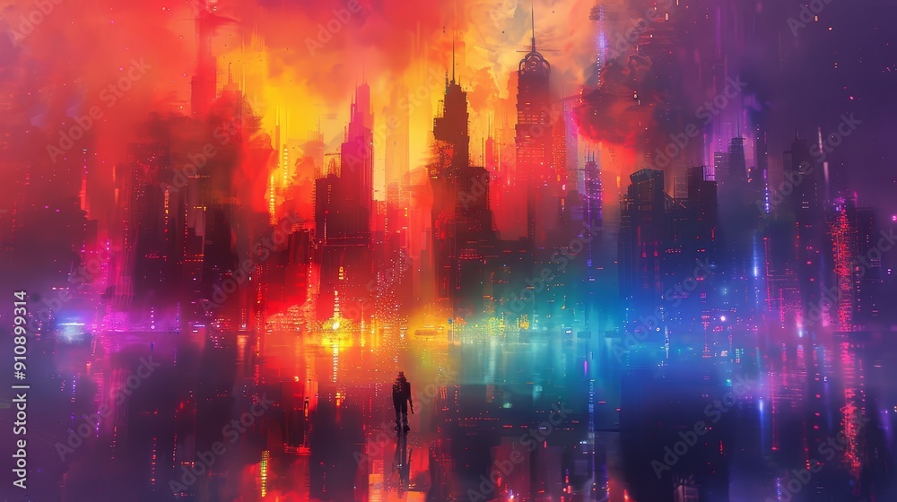 Fototapeta premium A surreal cityscape bathed in vibrant, fiery hues, with a lone figure walking towards the glowing horizon.