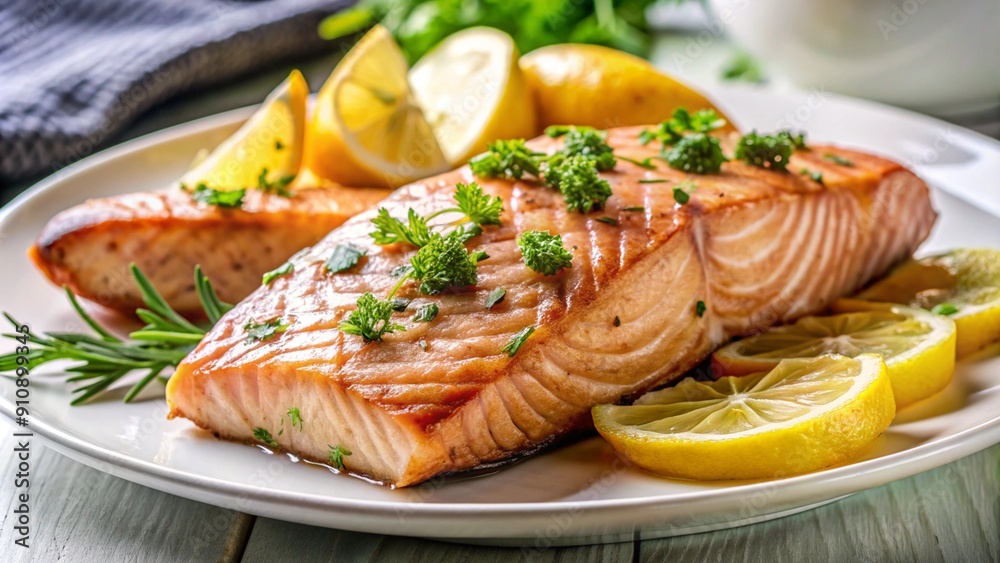 A close-up shot of a juicy, perfectly cooked salmon steak with a golden-brown crust, garnished with a sprig of fresh dill. The steak is placed beside a serving of crispy roasted potato wedges. A close-up shot of a juicy, perfectly cooked salmon steak with a golden-brown crust, garnished with a sprig of fresh dill. The steak is placed beside a serving of crispy roasted potato wedges.
