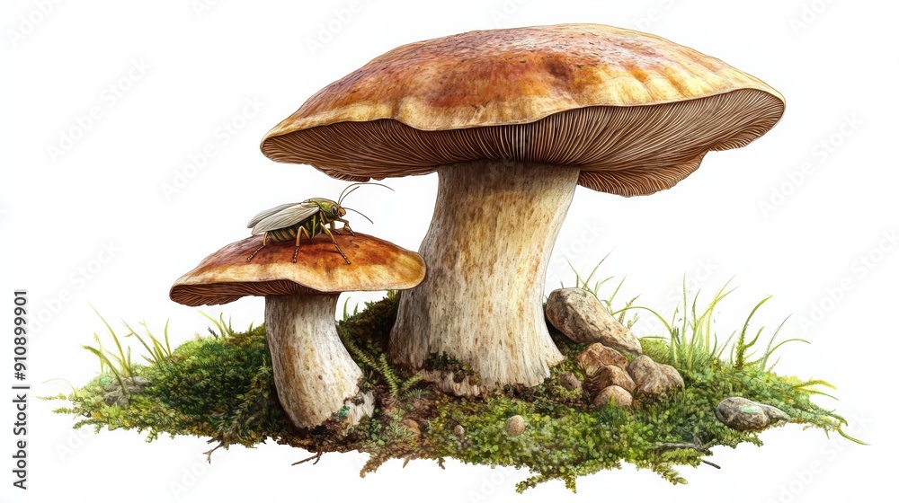 Detailed close-up of mushrooms with a beetle on one, showcasing nature's beauty and biodiversity in a vibrant setting. Detailed close-up of mushrooms with a beetle on one, showcasing nature's beauty and biodiversity in a vibrant setting.