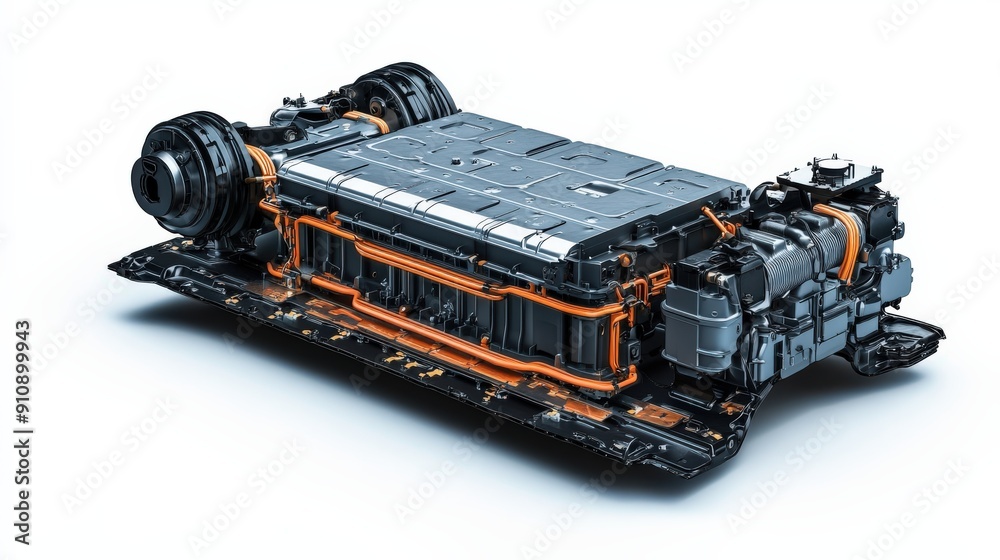 Detailed electric vehicle battery pack with advanced technology and components, showcasing its design and engineering. Detailed electric vehicle battery pack with advanced technology and components, showcasing its design and engineering.