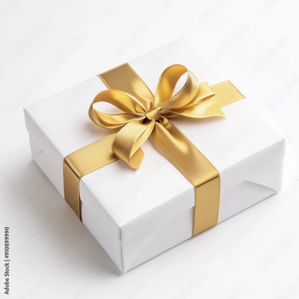 white gift box with gold ribbon, white blank box