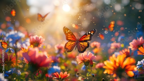 A butterfly garden with various butterfly species in a summer garden, flying around and landing on flowers.