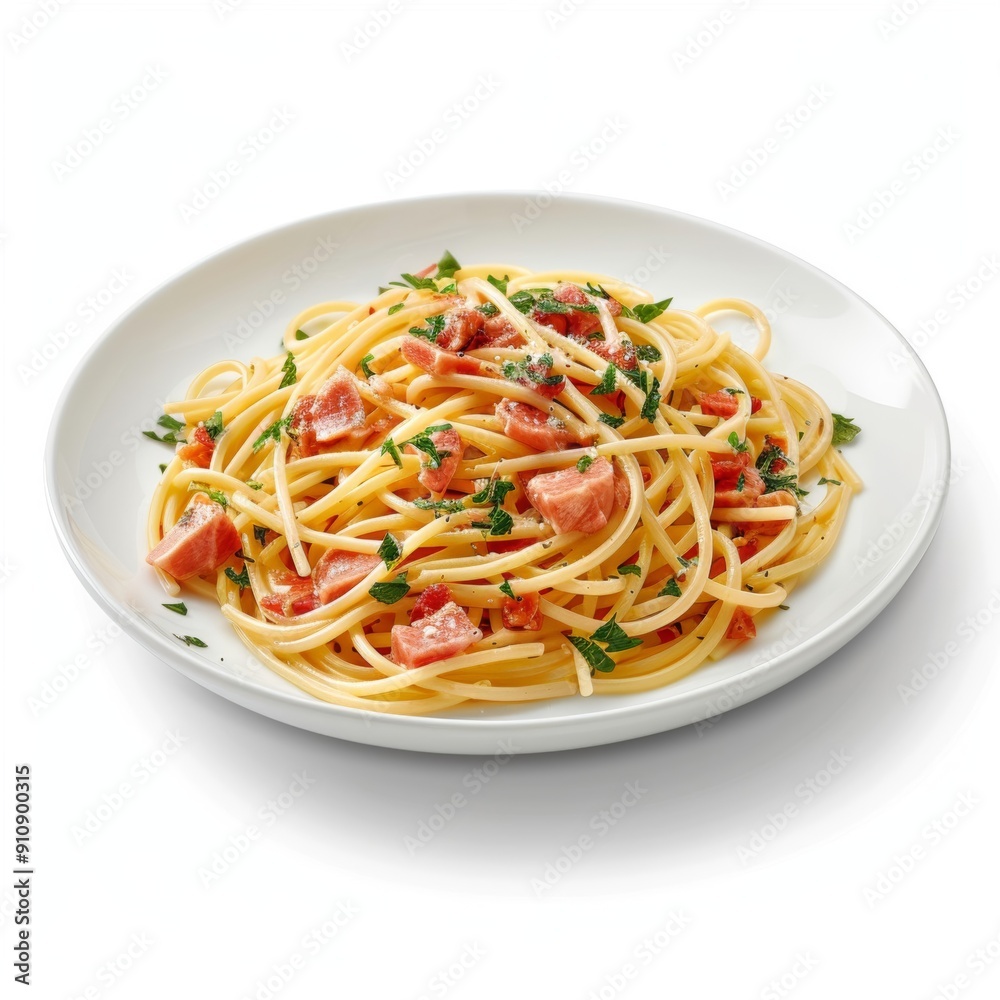 A 3D rendering of a plate of spaghetti carbonara, showcasing Italian cuisine with an appetizing appearance, isolated on a white background for a clear and appealing presentation.