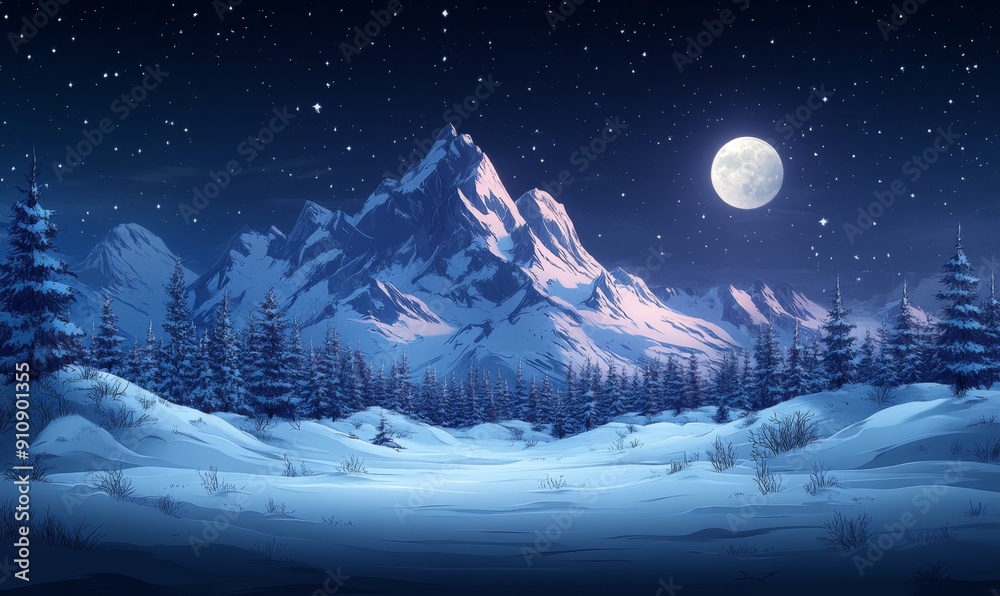 Fototapeta premium Enchanting Anime Winter Landscape: Vibrant Rainbow Forest Beyond Snowy Mountains Under Cold Moon. Retro-Inspired Scenic Wallpaper Blending Realistic and Cartoon Styles. AI-Generated 4K Background for 