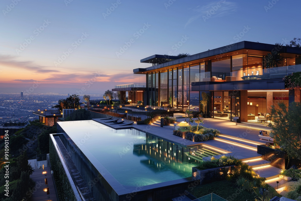 Modern Mansion with Large Swimming Pool and Terraces on Los Angeles Mountain at Dusk, Glass Windows Reflecting Nearby Lights, Small Garden, Impressionist Painter Style Modern Mansion with Large Swimming Pool and Terraces on Los Angeles Mountain at Dusk, Glass Windows Reflecting Nearby Lights, Small Garden, Impressionist Painter Style