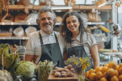 Hispanic handsome man and mature woman in aprons owners working at zero waste shop interior. Ecology, AI Generative photo