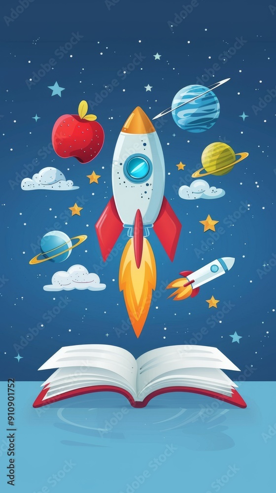 Naklejka premium A colorful web banner with an open book and a rocket taking off, surrounded by stars and planets. Back to school.