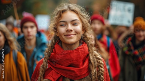 hundreds of people of different age and height walking towards us wearing a red cape and holding signs, AI Generative