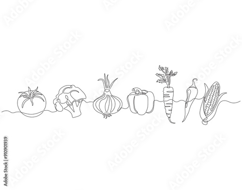 Continuous one line drawing of set of vegetables. One line drawing illustration of set of ripe vegetables. World vegetarian day, Fresh vegetables concept line art. Editable outline