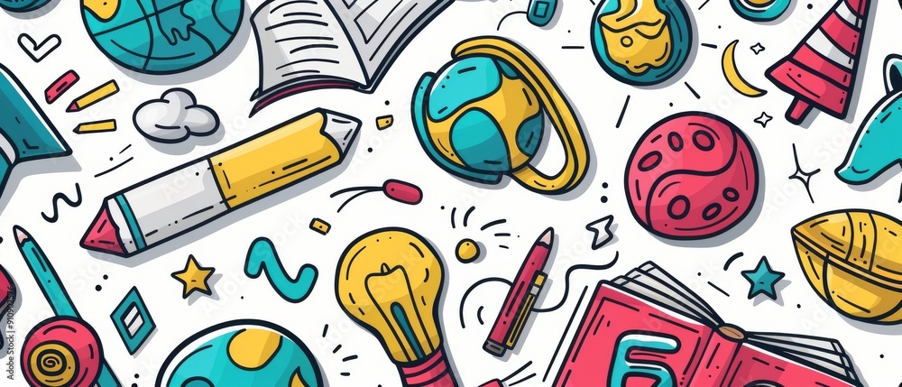 A cheerful and colorful seamless pattern featuring cartoon doodles of school supplies, planets, and other objects. Back to school. A cheerful and colorful seamless pattern featuring cartoon doodles of school supplies, planets, and other objects. Back to school.
