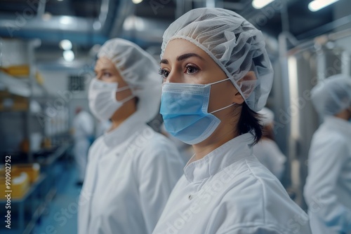 Technologists Wearing Masks Conducting Inspection in Food Industries