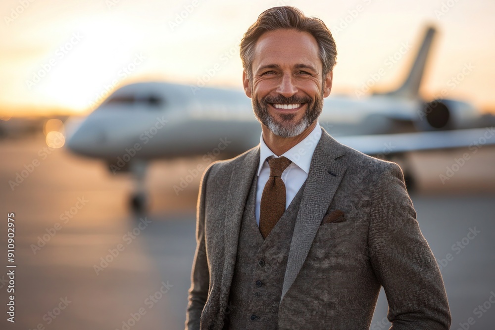 Smiling businessman standing on an airport tarmac with a commercial airplane in the background. Work and travel. Smiling businessman standing on an airport tarmac with a commercial airplane in the background. Work and travel.