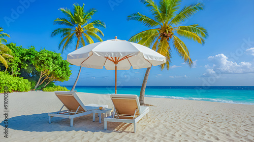 Amazing vacation beach. Couple chairs together by the sea banner. Summer romantic holiday honeymoon. Tropical island landscape. Tranquil shore panorama, relax sand seaside horizon, palm leaves. AI gen