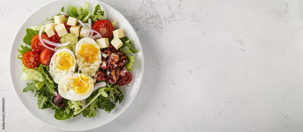 Top view of a tasty Cobb salad displayed on a white plate with ample blank space for text or design elements in the image Top view of a tasty Cobb salad displayed on a white plate with ample blank space for text or design elements in the image
