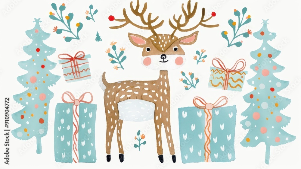 Naklejka premium Celebrate the season with a festive card featuring a joyful reindeer surrounded by colorful gift wraps. Perfect for spreading cheer