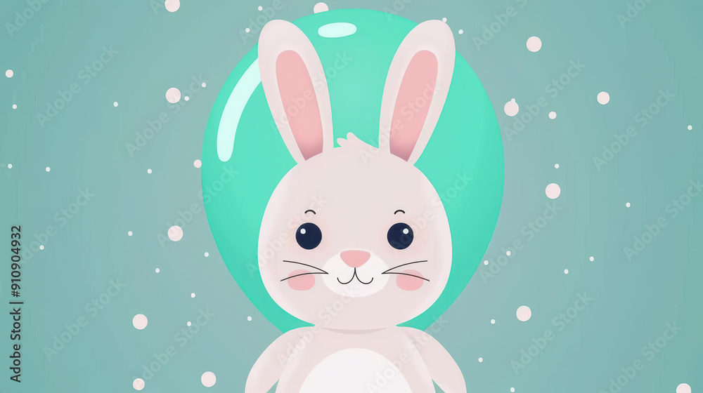 Delightful illustration of a small white bunny floating on a mintblue balloon against a textured paper backdrop. Delightful illustration of a small white bunny floating on a mintblue balloon against a textured paper backdrop.