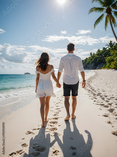 Fototapeta Naklejka Na Ścianę i Meble -  Happy couple in white clothing walks down a tropical beach with turquoise sea in paradise islands. Romantic togetherness, sunny happy beachfront vibes, honeymoon destination. AI generated