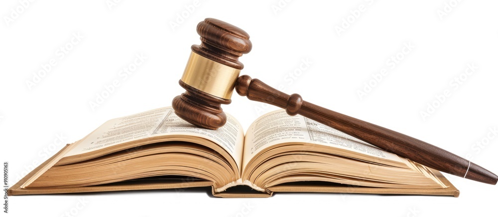 Law theme Wooden judges gavel on opened law book in a courtroom or office isolated on white Ideal for text in copy space image Law theme Wooden judges gavel on opened law book in a courtroom or office isolated on white Ideal for text in copy space image